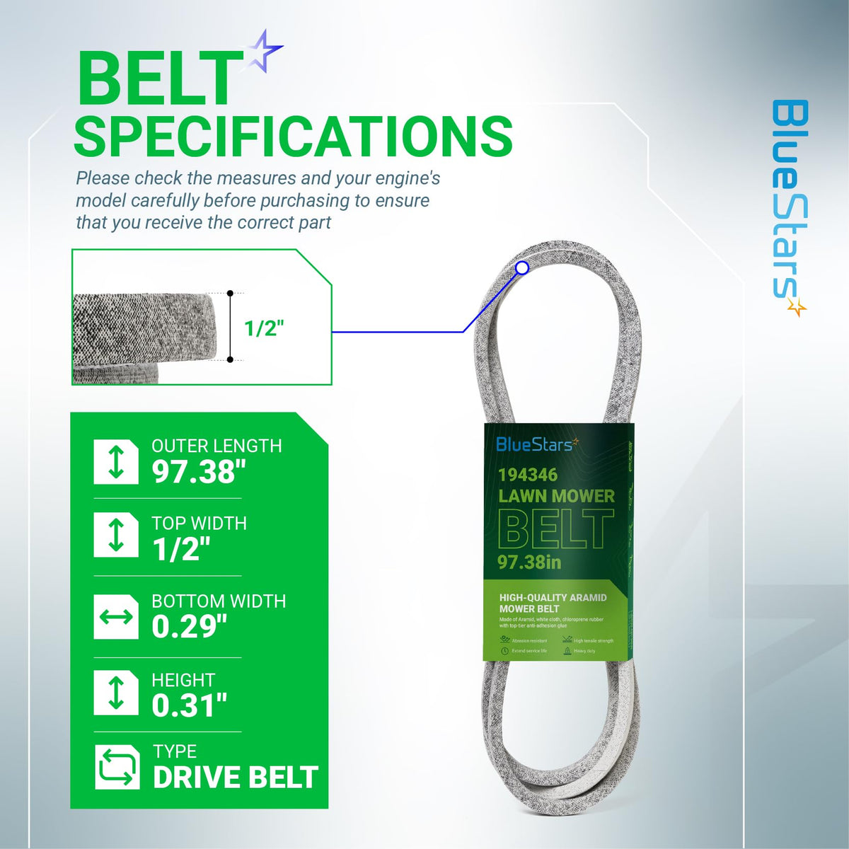 194346 lawn mower ground drive belt specifications chart showing 1/2 inch width and 97.38 inch length dimensions.