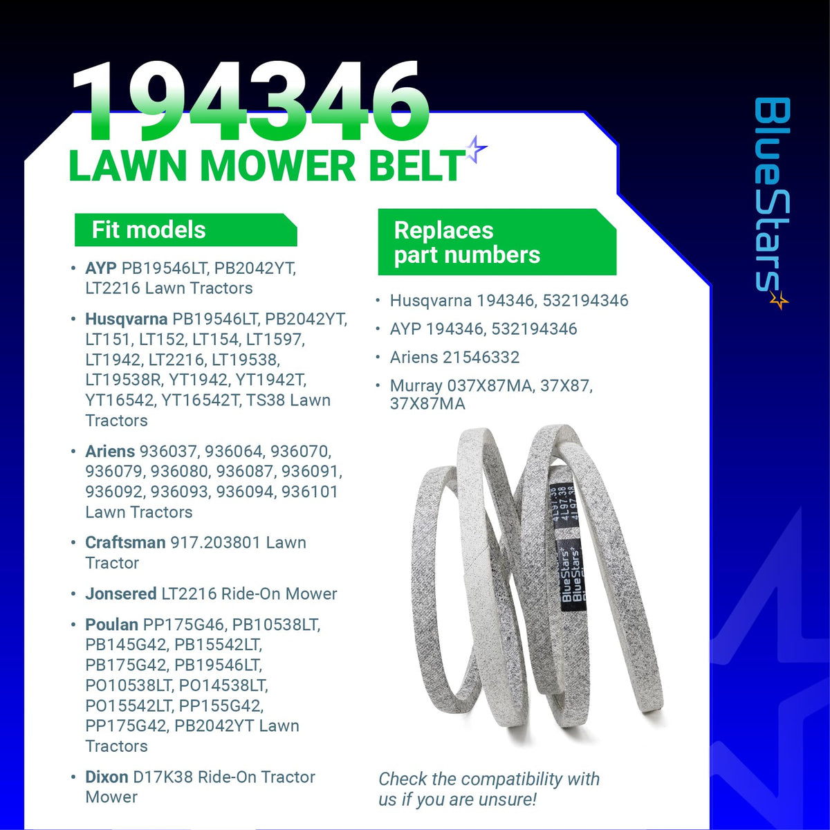 Infographic showing 194346 ground drive lawn mower belt compatibility and replacement part numbers.