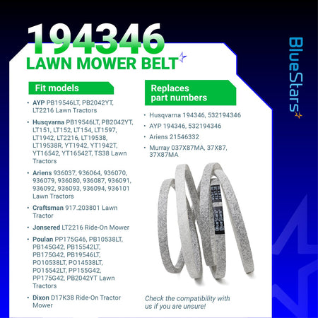 Infographic showing 194346 ground drive lawn mower belt compatibility and replacement part numbers.