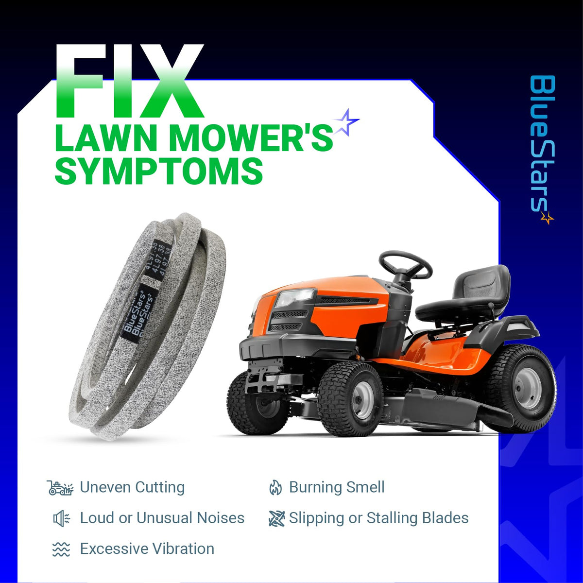 194346 ground drive belt for lawn mower tractors with symptom troubleshooting guide graphic.