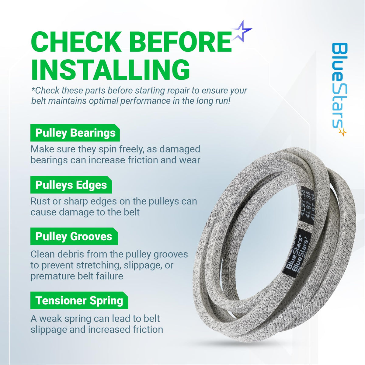 Instructional graphic for 194346 lawn mower ground drive belt installation and maintenance tips.