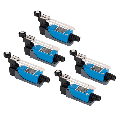 Five ME-8108 momentary roller lever arm limit switches arranged in a group.