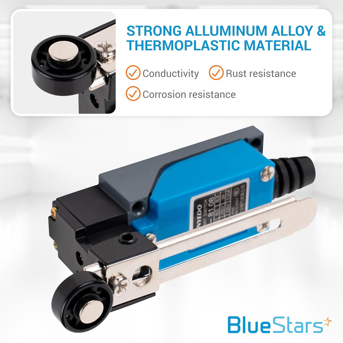 ME-8108 momentary roller lever arm limit switch with aluminum alloy and thermoplastic housing.