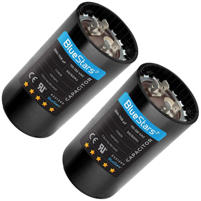 Two BlueStars 590-708 uF 110-125 VAC round motor start capacitors for pool and well pumps.