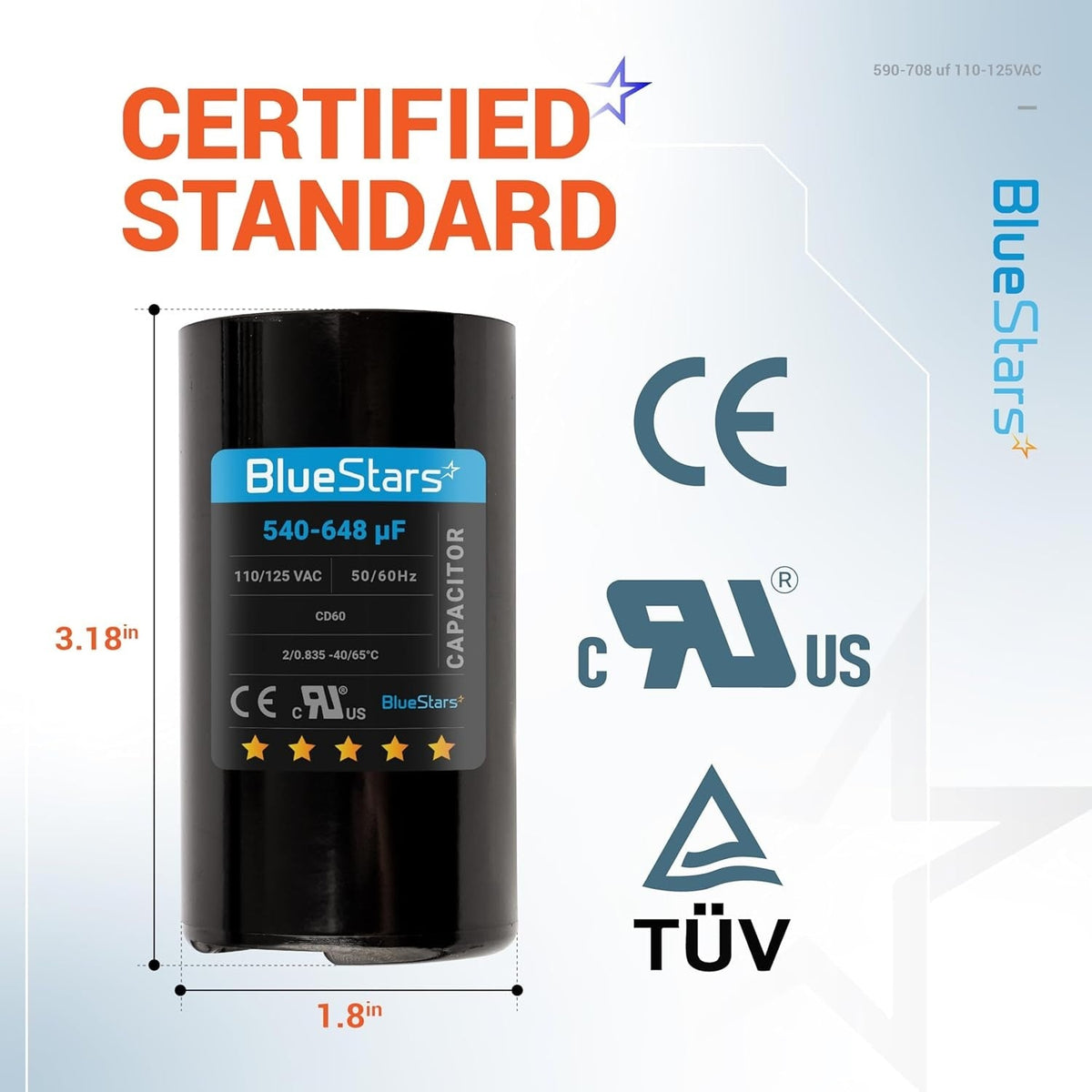 BlueStars CD60 round motor start capacitor with 540-648 uF rating and dimensions shown in a technical product diagram.