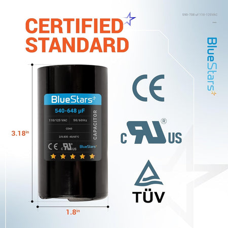 BlueStars CD60 round motor start capacitor with 540-648 uF rating and dimensions shown in a technical product diagram.