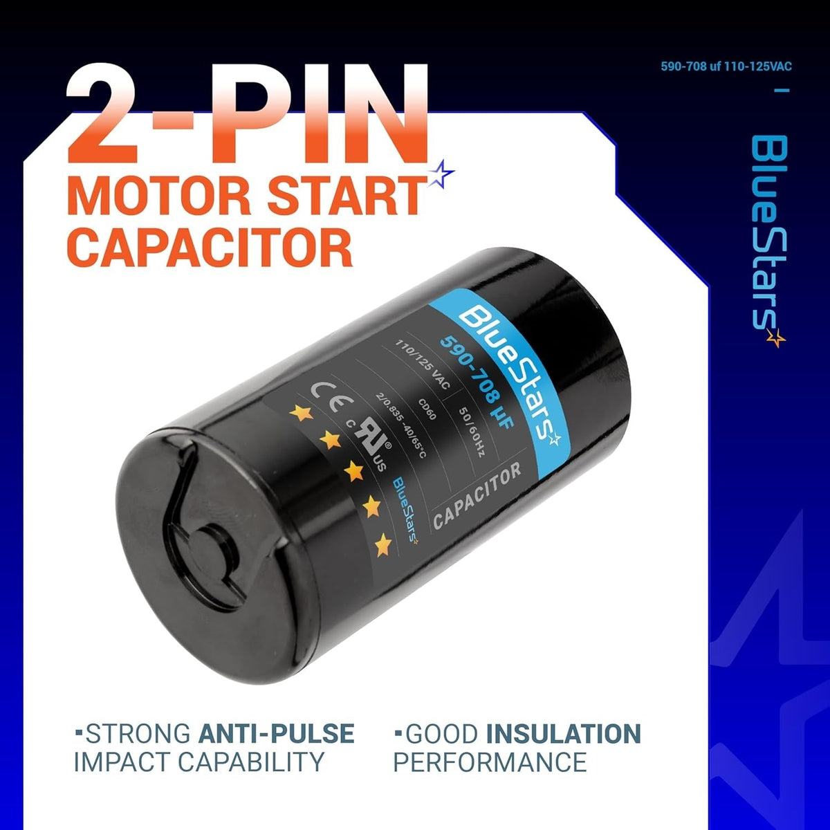 Single BlueStars 590-708 uF 110-125 VAC round motor start capacitor for pool and well pumps.