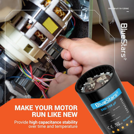 Close-up of a BlueStars 590-708 uF motor start capacitor being installed in a pool pump motor.