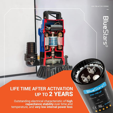 590-708 uF CD60 motor start capacitor shown next to a cutaway view of a pool or well pump motor.