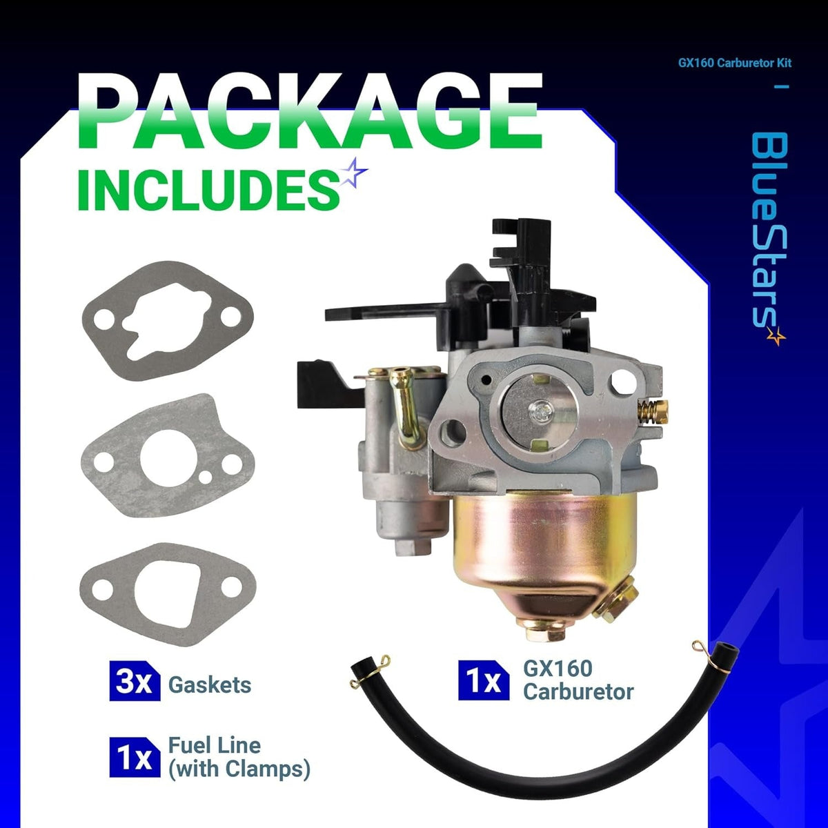 GX160 carburetor kit including one carburetor, three gaskets, and a fuel line with clamps for small engines.