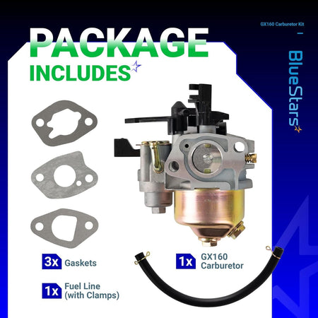 GX160 carburetor kit including one carburetor, three gaskets, and a fuel line with clamps for small engines.