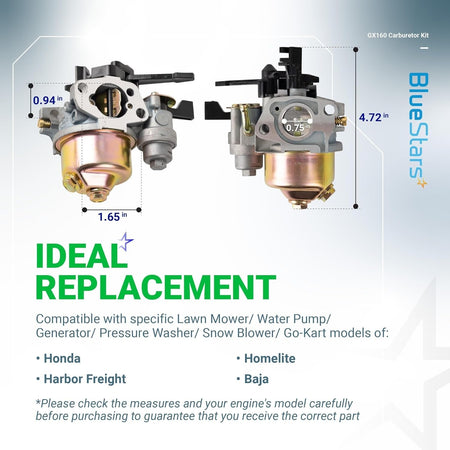 GX160 carburetor replacement showing side and front dimensions for Honda, Predator, and small engine compatibility.