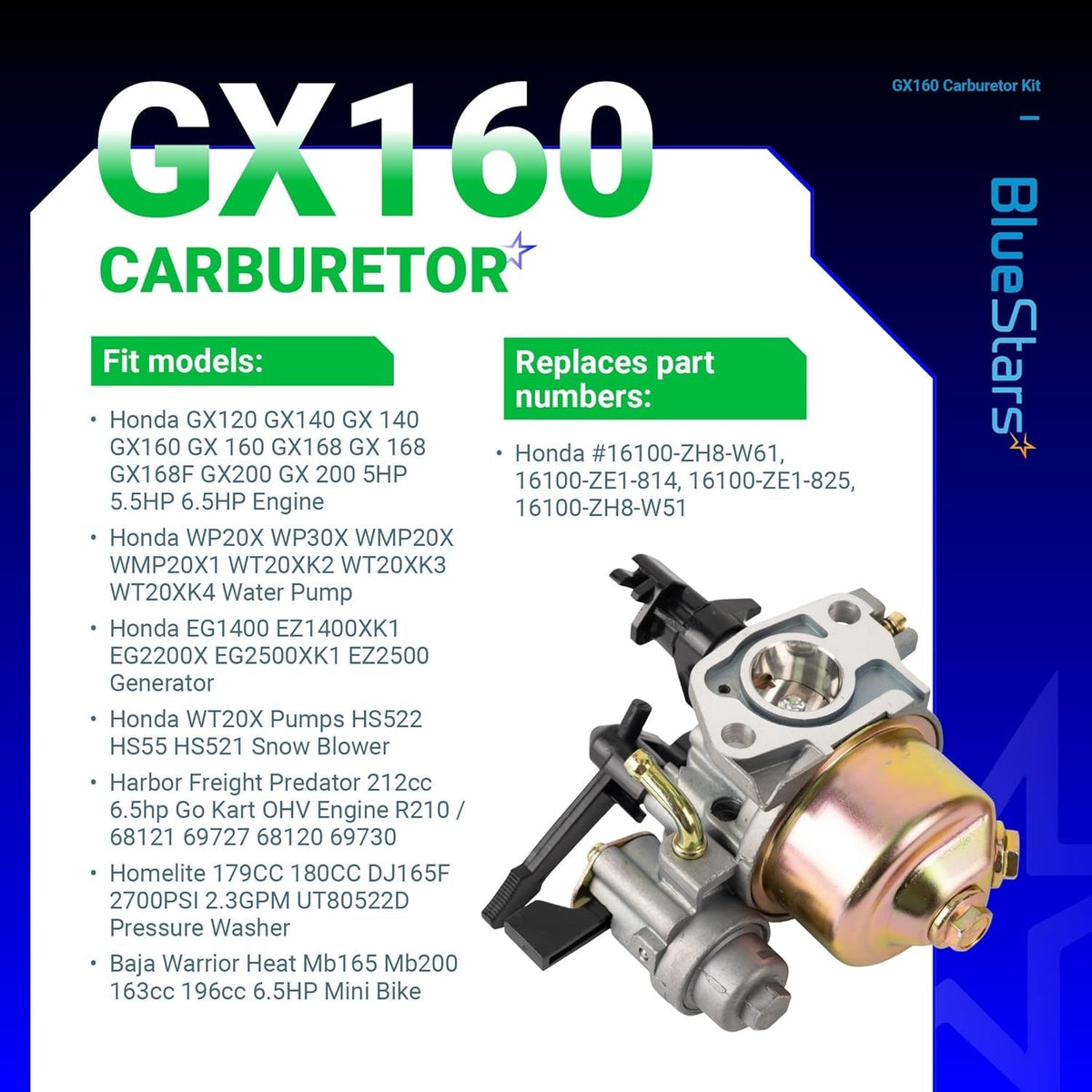 GX160 carburetor replacement part for Honda GX120, GX160, GX200, and Predator 212cc engines shown on information card.