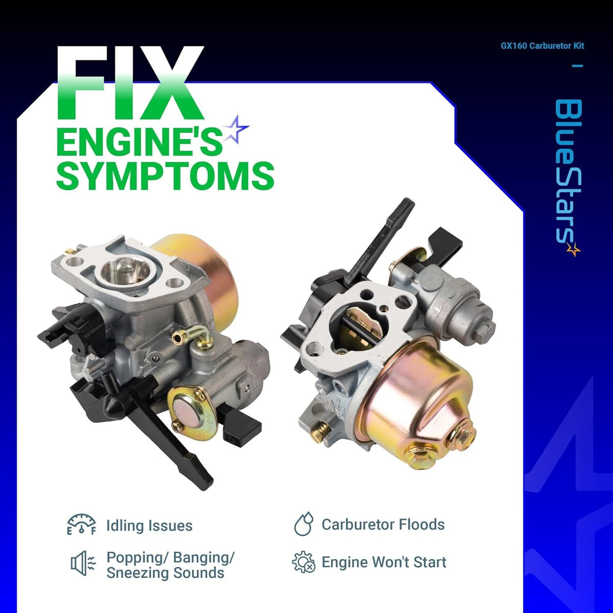 Two GX160 carburetors shown from different angles to help fix engine idling and starting issues.