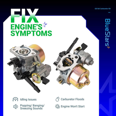 Two GX160 carburetors shown from different angles to help fix engine idling and starting issues.