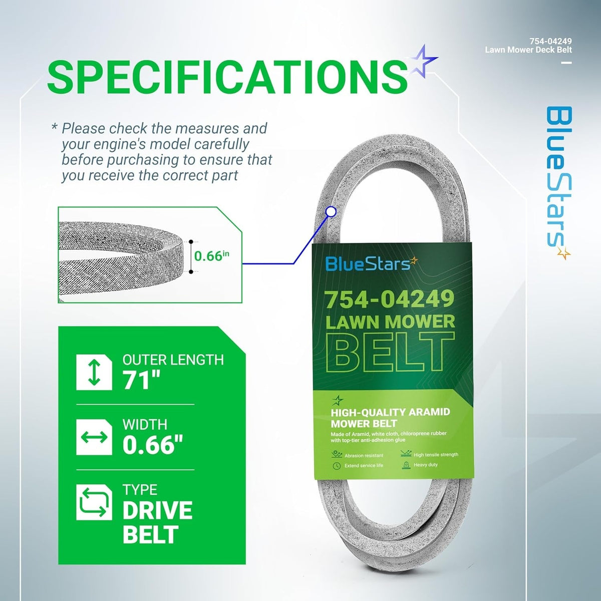 Infographic showing specifications for 754-04249 mower drive belt with 71-inch length and 0.66-inch width.