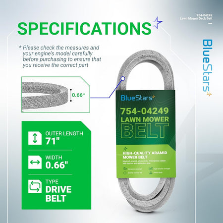 Infographic showing specifications for 754-04249 mower drive belt with 71-inch length and 0.66-inch width.