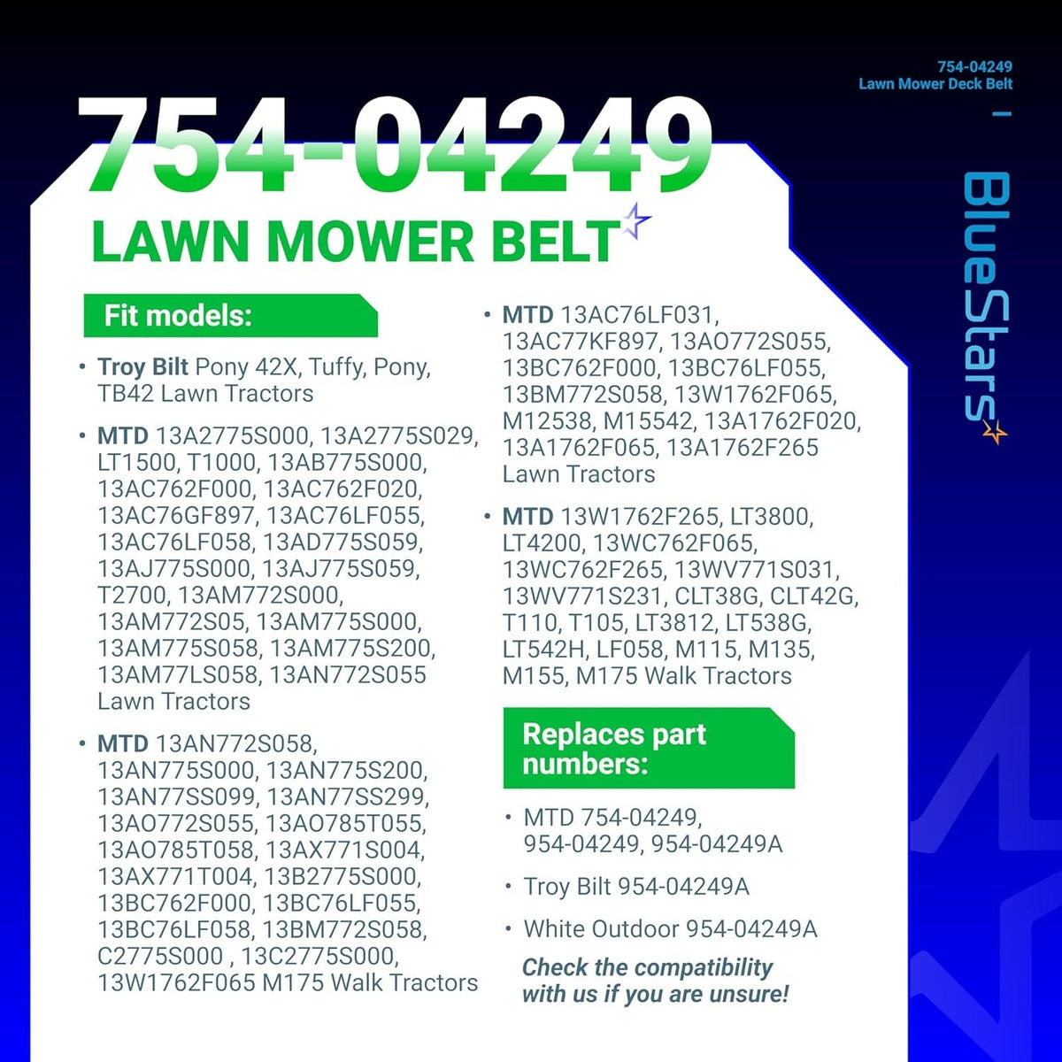 Informational chart listing compatibility and part numbers for 754-04249 mower drive belt.