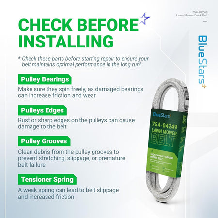Installation guide for 754-04249 mower drive belt showing maintenance tips for pulleys and tensioners.