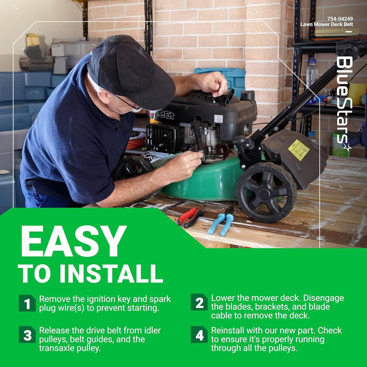 Instructional graphic showing a technician installing a 954-04249A mower drive belt on a lawn mower.