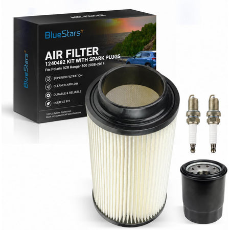 1240482 Air Filter Oil Filter Kit with spark plugs, air filter, oil filter, and product box