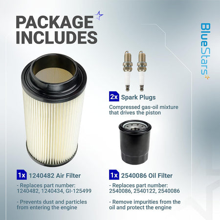 1240482 Air Filter Oil Filter Kit, package contents graphic showing an air filter, oil filter, and 2 spark plugs