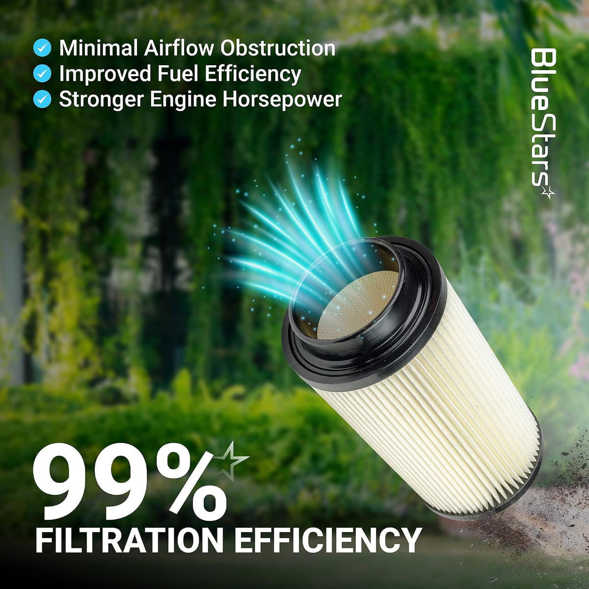 Air Filter Oil Filter Kit, BlueStars air filter with airflow graphic and visible 99% filtration efficiency claim