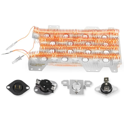 DC47-00032A dryer heating element assembly with thermal fuses and thermostats for Samsung dryers.