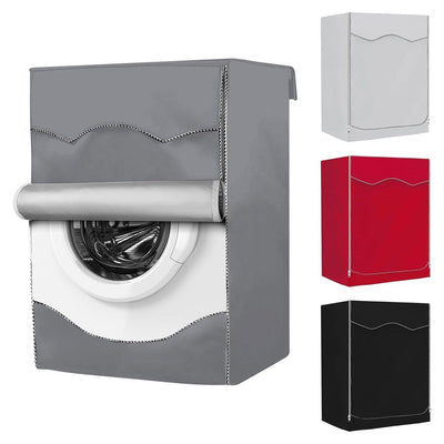 Gray premium outdoor front-load washing machine cover with roll-up front panel and color options.