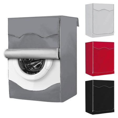 Gray premium outdoor front-load washing machine cover with roll-up front panel and color options.