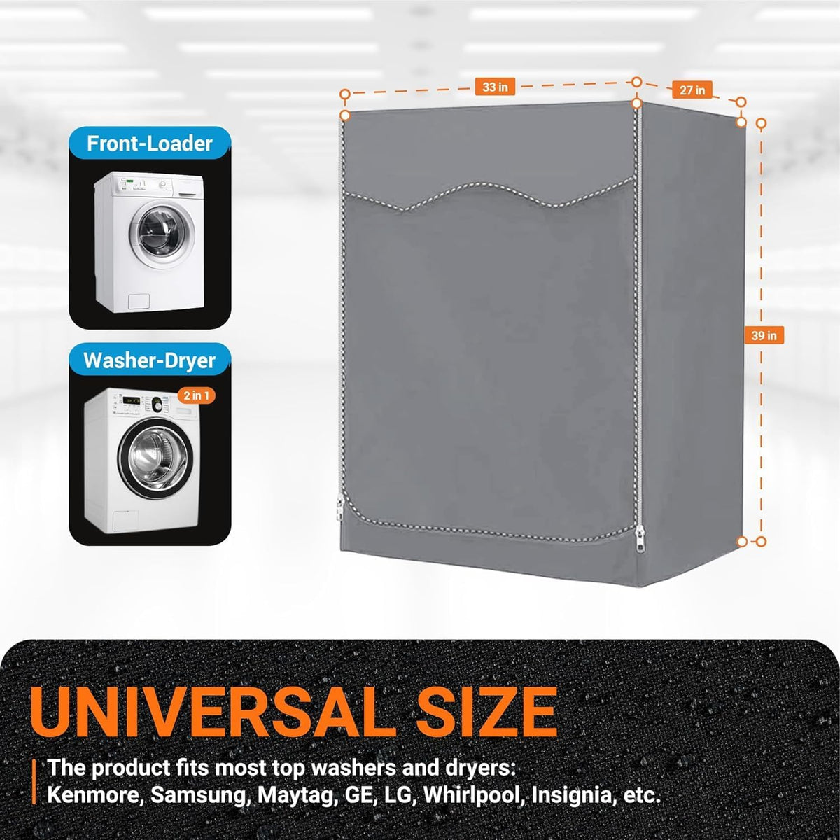 Gray washing machine cover showing dimensions of 27x33x39 inches for front-load washer and dryer compatibility.