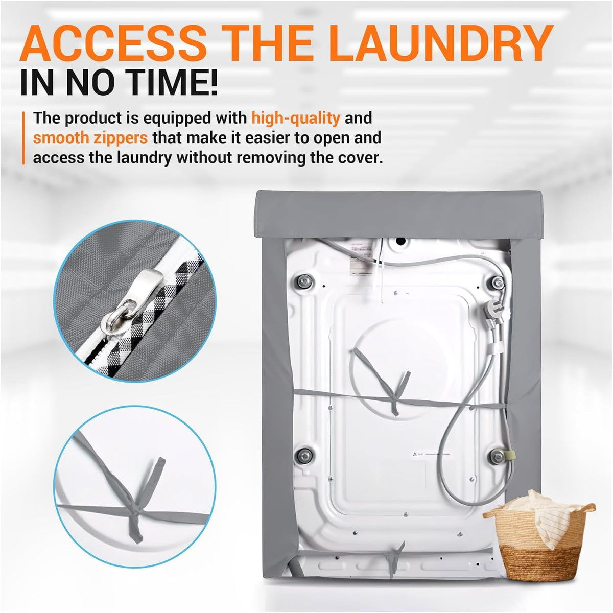 Gray front-load washing machine cover featuring close-up details of smooth zippers and secure tie-back straps.