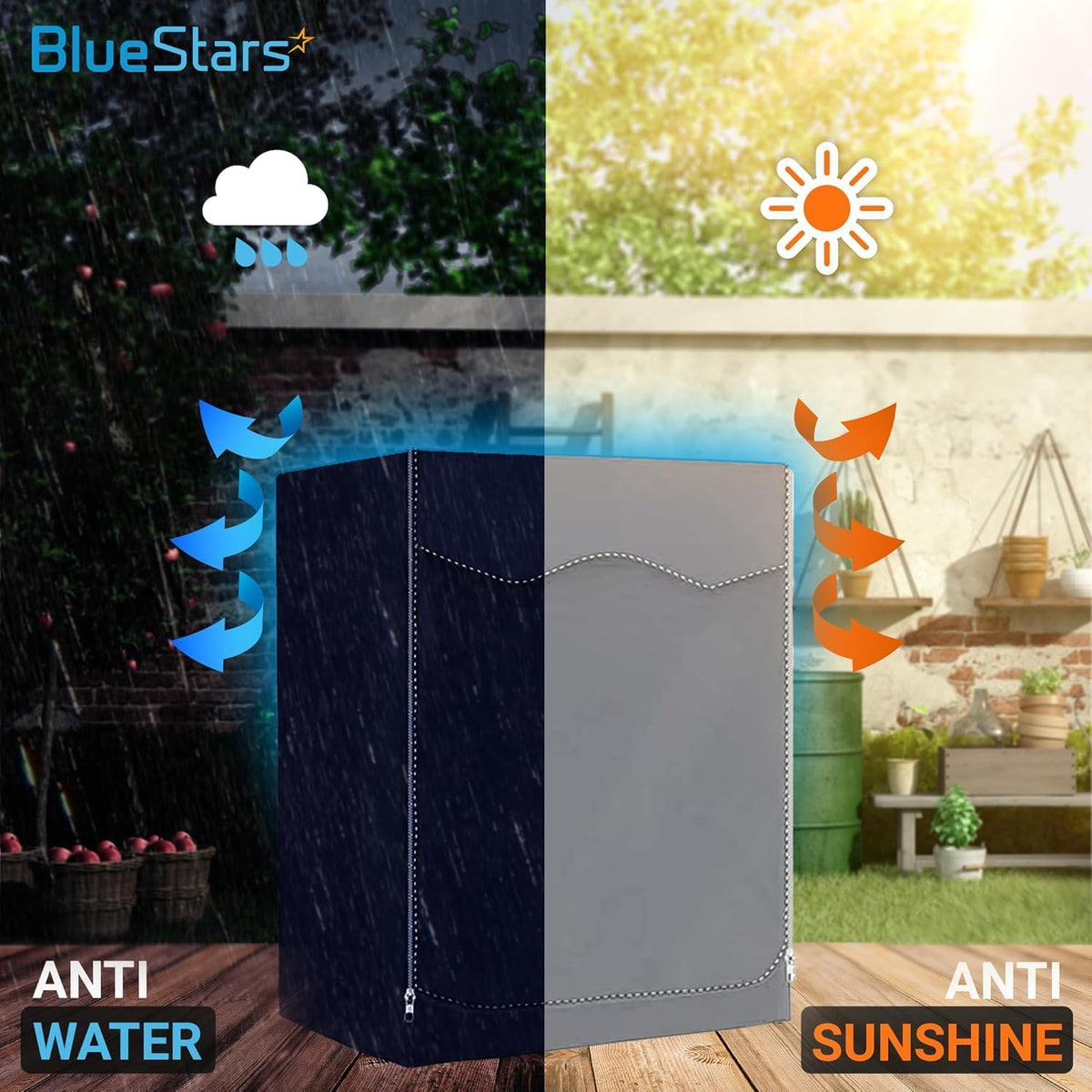 Gray front-load washing machine cover demonstrating waterproof and sun-resistant outdoor protection features.