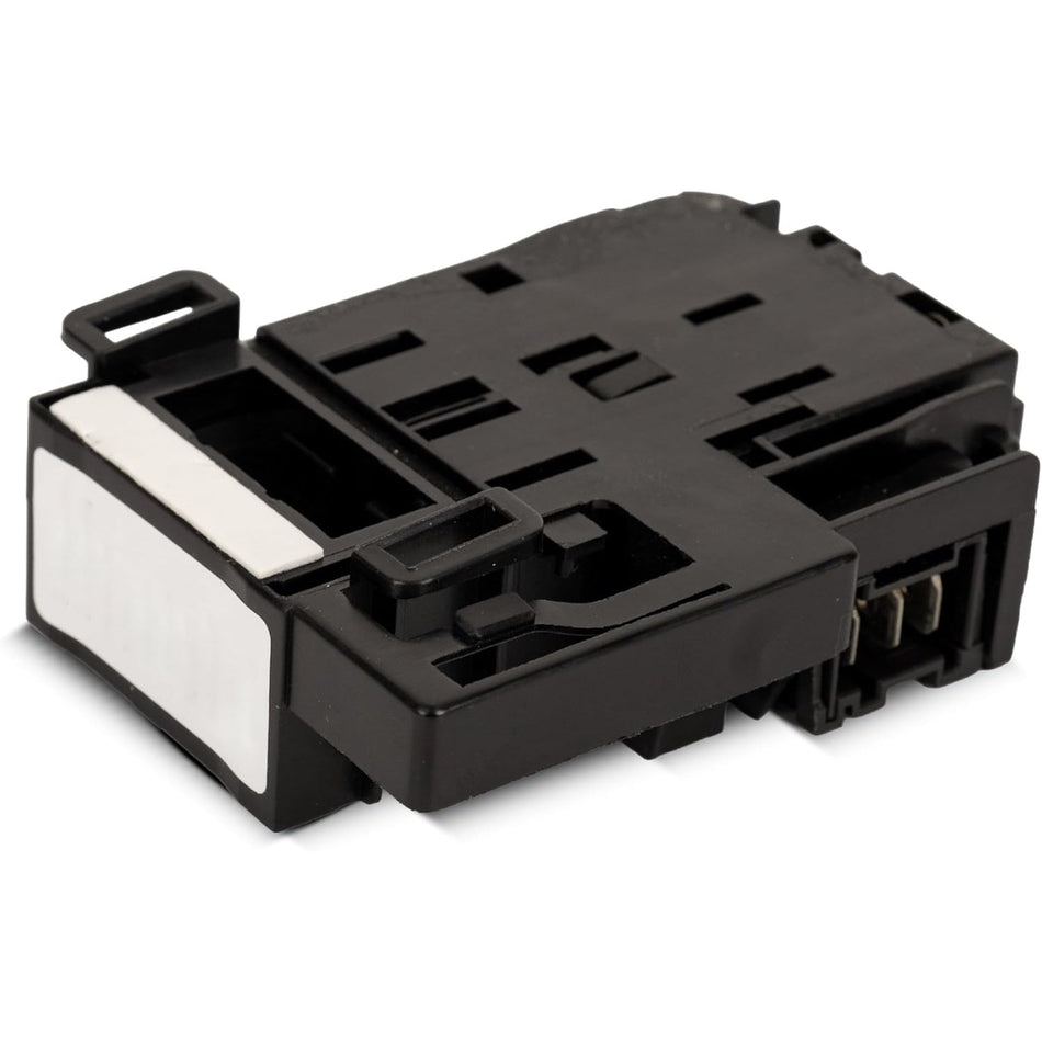 Black GE washer door lid lock switch replacement part for compatible top load washing machines.