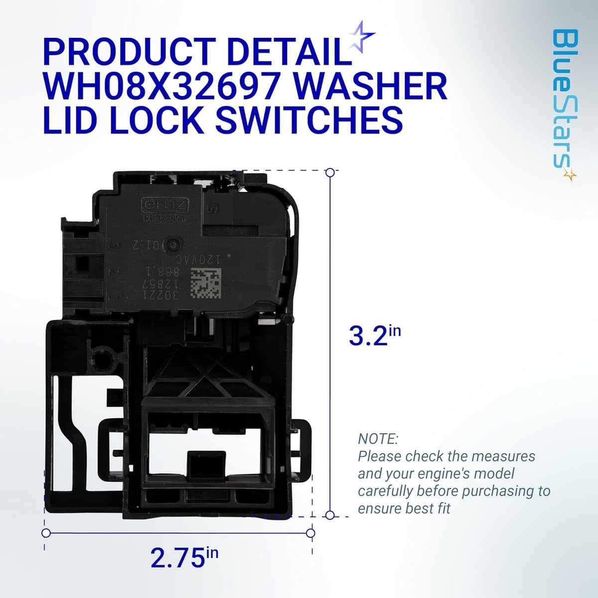 WH08X32697 washer door lid lock switch showing 3.2 inch by 2.75 inch dimensions for GE washing machine compatibility.
