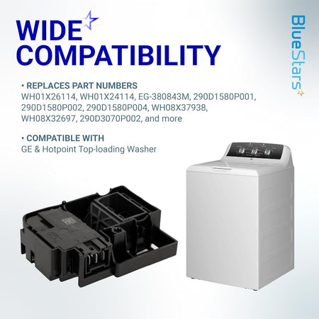 Washer door lid lock switch replacement for GE and Hotpoint top-loading washing machines with compatibility list.