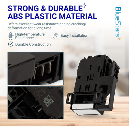Durable ABS plastic GE washer door lid lock switch showing close-up views of the connector and housing details.