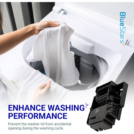 Washer door lid lock switch for GE washing machines shown with performance enhancement graphic.