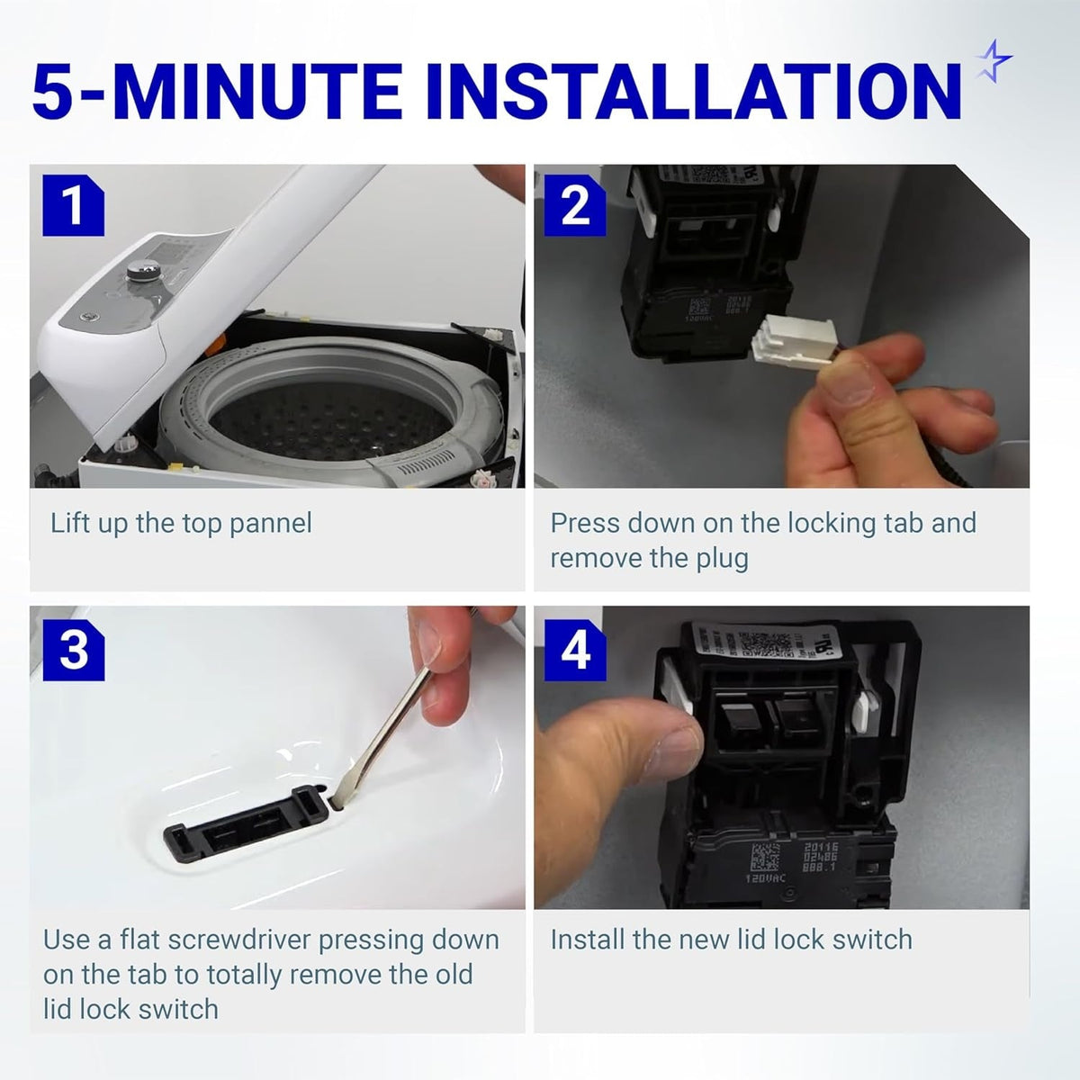 Four-step installation guide for GE washer door lid lock switch replacement.