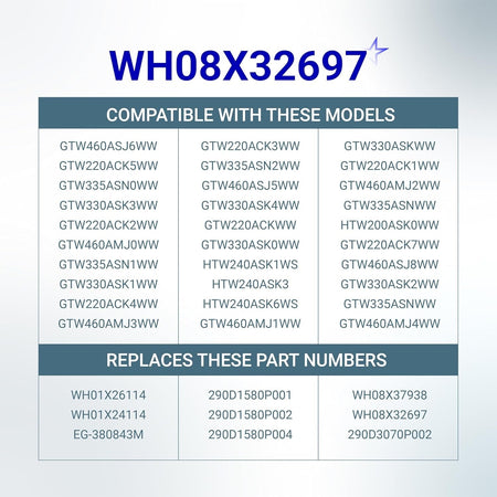 Compatibility chart for WH08X32697 washer door lid lock switch listing compatible GE models and replacement part numbers.
