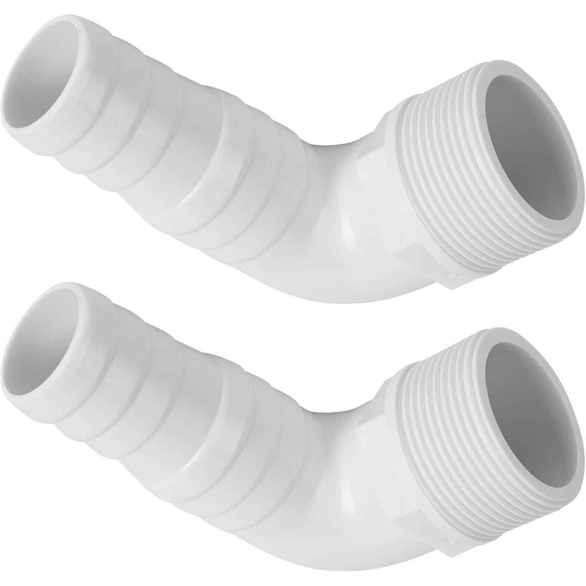 Two white SPX1105Z3 1.5-inch 90-degree elbow pool hose adapters.
