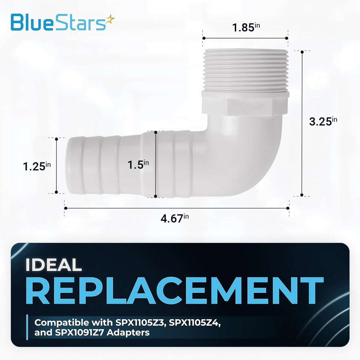 Single SPX1105Z3 90-degree pool hose adapter with dimension labels and compatibility information.