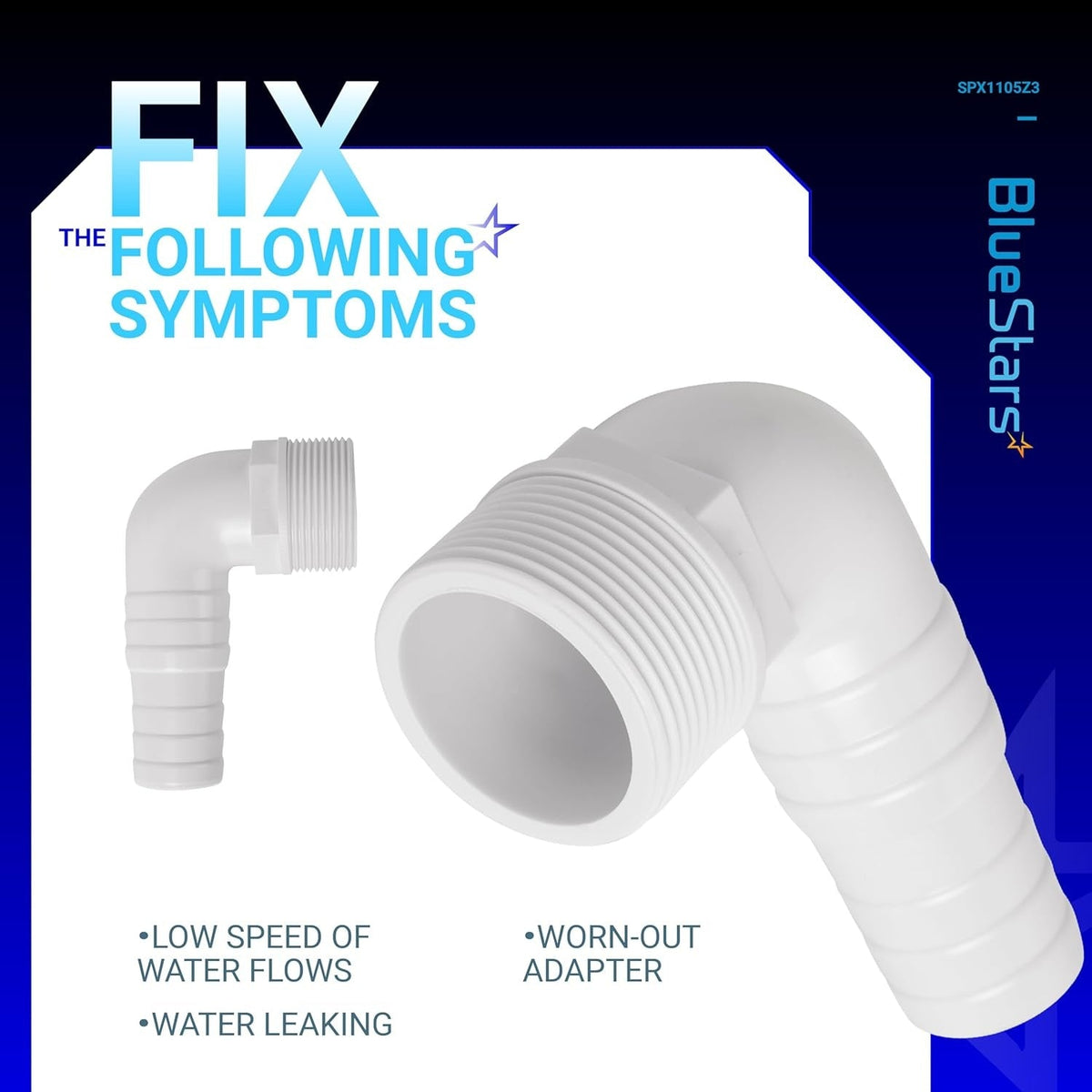 SPX1105Z3 1.5-inch 90-degree elbow pool hose adapter showing symptoms of low water flow and leaks.