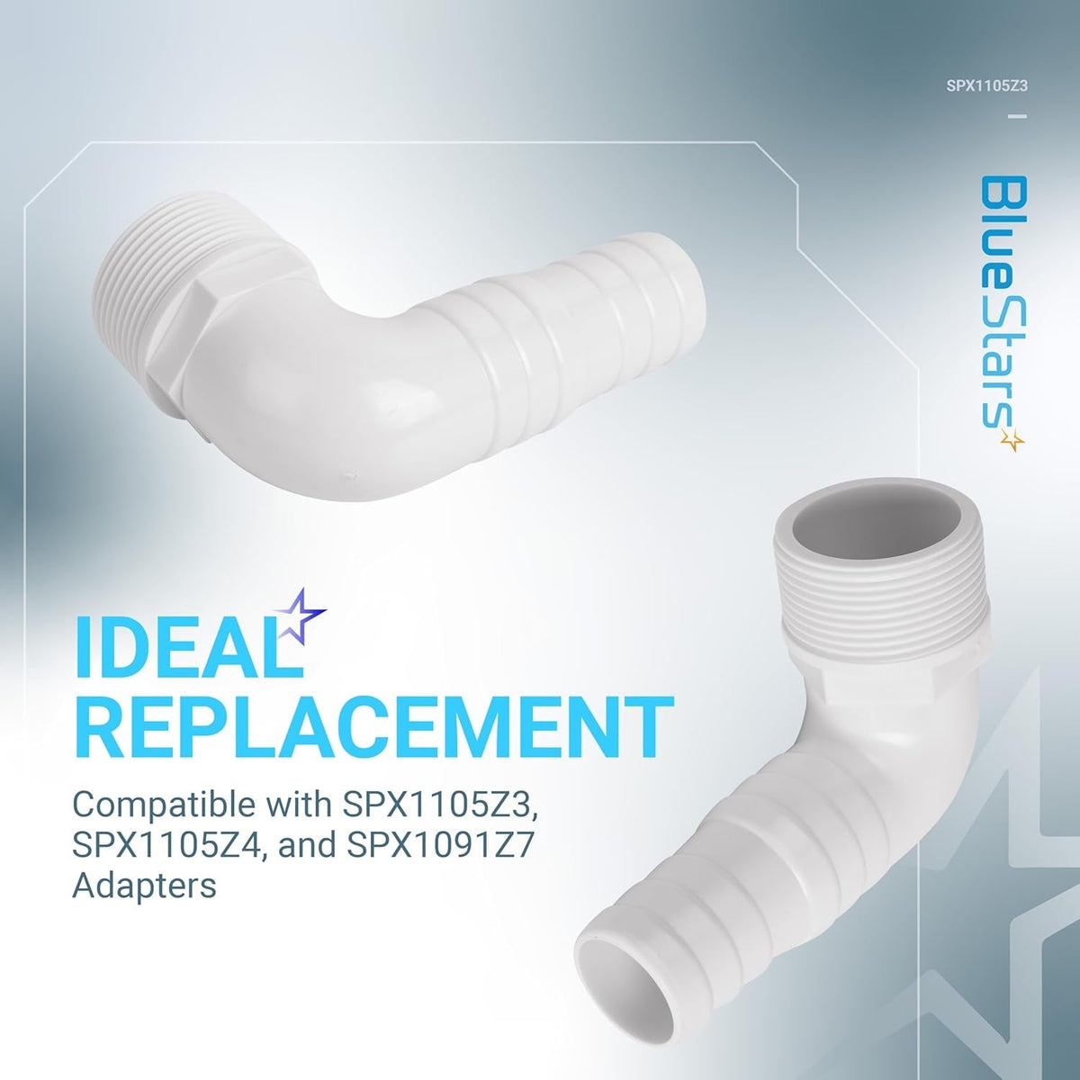 Two white 1.5-inch 90-degree elbow pool hose adapters for SPX1105Z3 replacement.