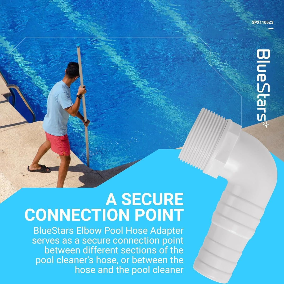 Close-up of a white SPX1105Z3 1.5-inch 90-degree elbow pool hose adapter on a promotional background.
