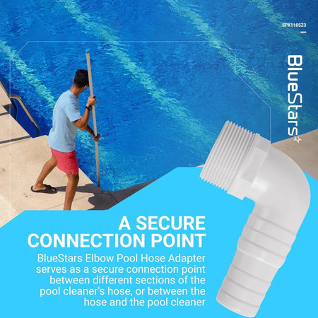 Close-up of a white SPX1105Z3 1.5-inch 90-degree elbow pool hose adapter on a promotional background.