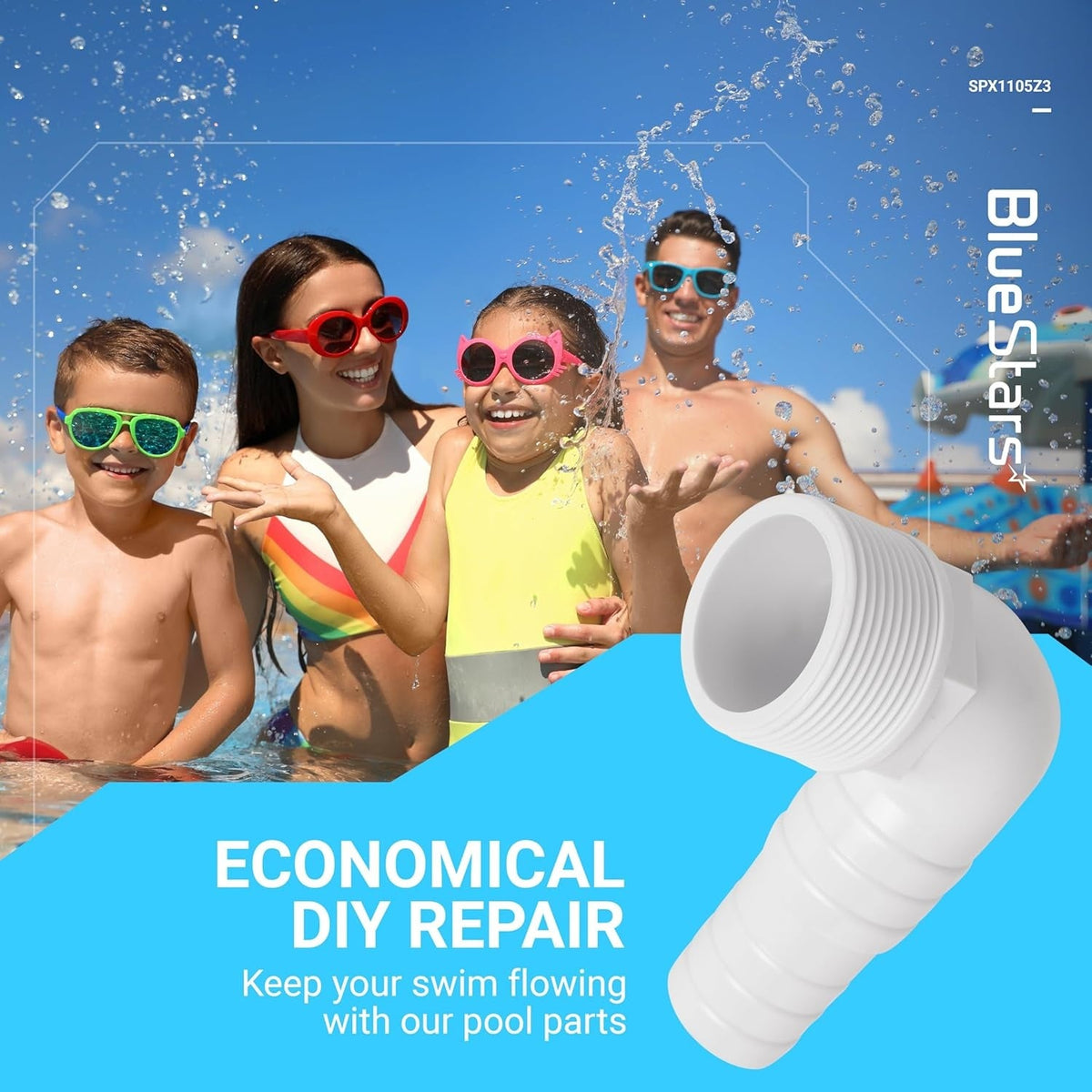 Single SPX1105Z3 1.5-inch 90-degree elbow pool hose adapter on promotional background.