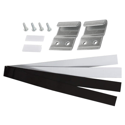 8572546 washer dryer stacking kit components including metal brackets, screws, adhesive strips, and spacers.