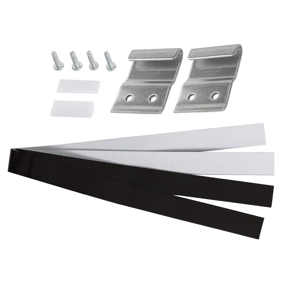 8572546 washer dryer stacking kit components including metal brackets, screws, adhesive strips, and spacers.