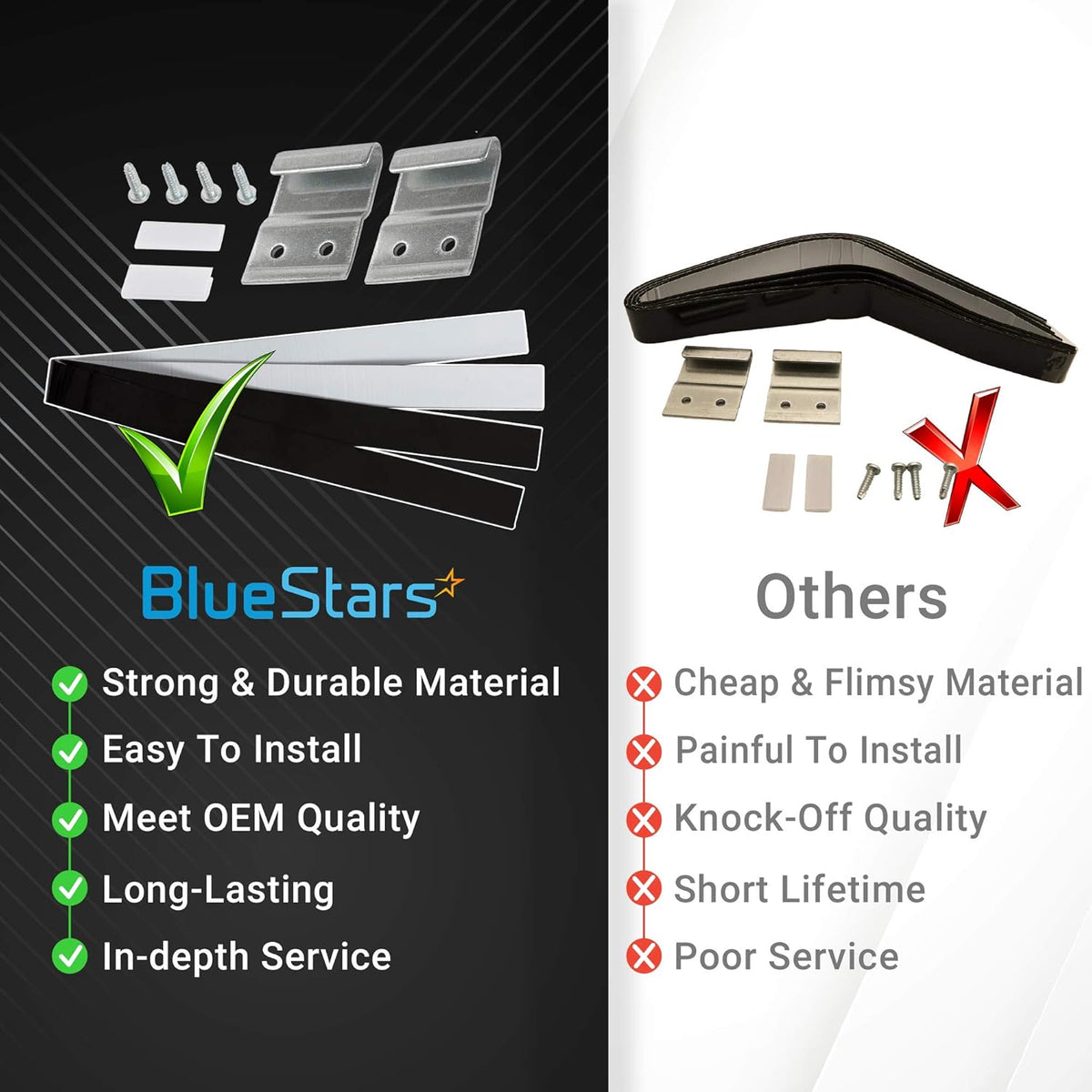 Comparison chart showing 8572546 washer dryer stacking kit components versus inferior alternatives.